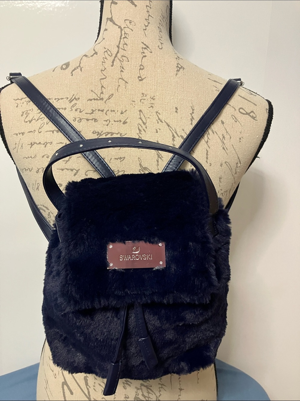 Swarovski Plush Faux Fur Mini Backpack Purse Midnight Navy